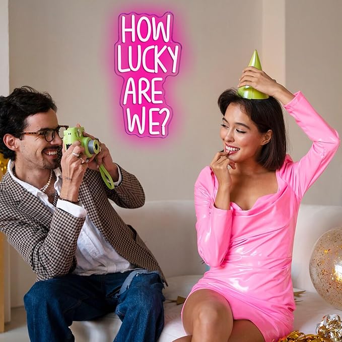 How Lucky Are We Neon Sign, Dimmable LED Pink Anniversary Quote Neon Sign, Motivational Wall Decor, Inspirational Quote Sign Neon Light Sign for Wedding Bedroom Living Room Girls Romantic Gift(8.2*15.3in)