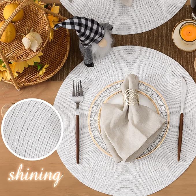 FunWheat Round Placemats Set of 6 Table Mats for Dining Tables Washable Non-Slip Place mats 15 Inch for Wedding Party(White Sliver)