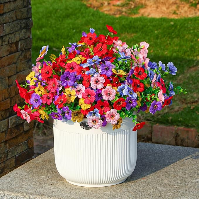 48 Bundles Artificial Flowers for Outdoors Decoration, UV Resistant Silk Violet with Leaf Grass and Eucalyptus Spring Fake Plants for Outside Indoor Yard Home Patio Porch Decor, Mix 6 Colors