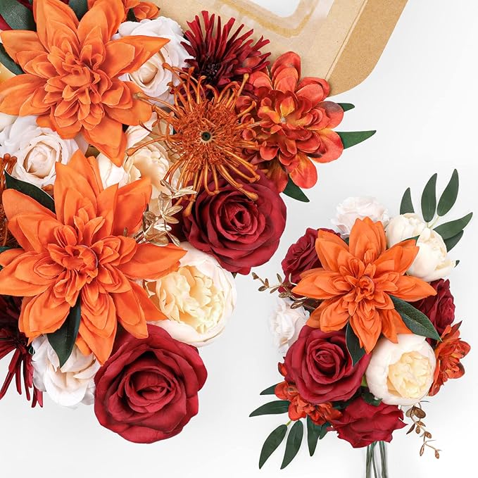 AmyHomie Orange Artificial Flowers Combo Silk Mix Peony Rose Hydrangea Fake Flowers w/Stem for DIY Wedding Bouquets Centerpieces Arrangements Table Fall Decor Party Bridal Baby Shower Home Decorations