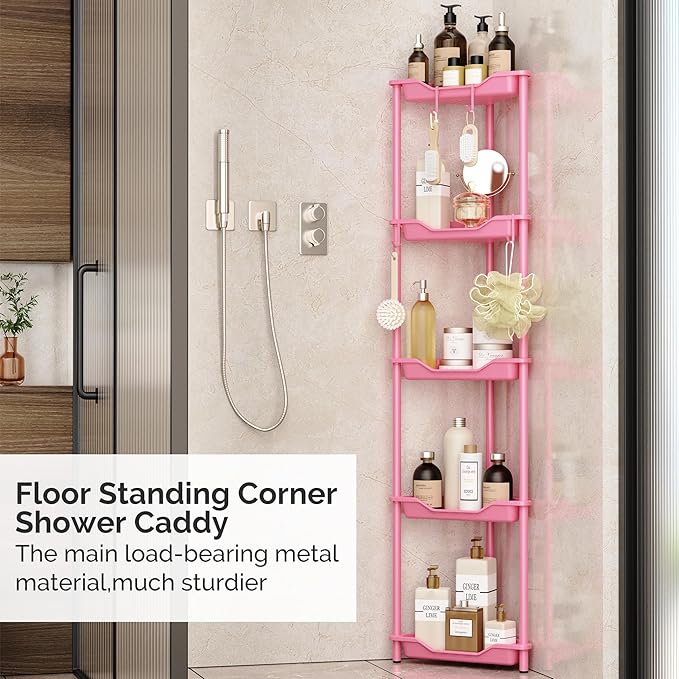 Orimade Rustproof 5 Tier Floor Standing Corner Shower Caddy Organizer, Plastic Metal Splicing Floor Corner Shelf Rack Stands for Bathroom, Pink