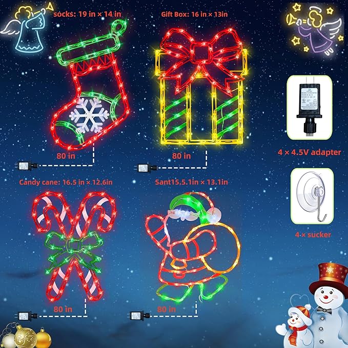 Christmas Decorations - 16" Christmas Window Silhouette Lights - 4 Pack Colour Lighted Christmas Stocking,Candy Cane,Gift Box,Santa for Holiday Indoor/Outdoor Wall Door Window Decorate