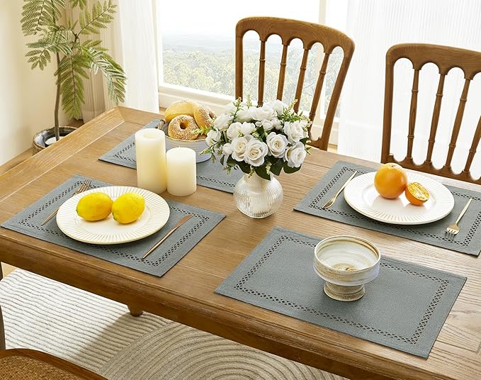 Burlap Placemats Set of 4, 12 x 18 Inch Rustic Geometric Hollow Place Mats, Heat Resistant Placemats for Farmhouse Kitchen Table Decor, Grey 4PCS