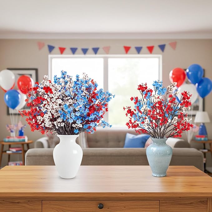 4th of July Babys Breath Artificial Flowers 16 Bundles Red White Blue Fake Silk Flowers Patriotic Memorial Flowers for Independence Day Home Floral Arrangement Table Centerpieces Decorations