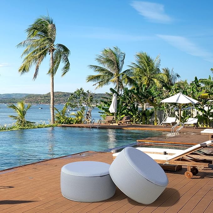LVTXIII Indoor/Outdoor Inflatable Ottoman, D31 x H14 Large Round Ottoman, All Weather Foot Rest Stool, Portable Footrest for Patio, Garden, Camping and Home - Strip Grey