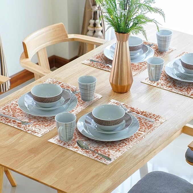 Gray Burnt Orange Boho Placemats Set of 6 Ethnic Bohemian Carpet Place Mats Washable Kitchen Dining Vintage Grey Geography Floral Linen Table Mats Stain Heat-Resistant for Home Party Indoor 12x18 in