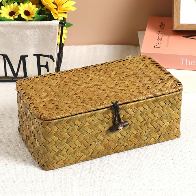 Seaweed Baskets with Lids: Seagrass Storage Woven Basket Straw Desktop Rattan 9 inch Hand- Woven Storage Basket Bins Container Organizer for Shelf Desktop Home Decor