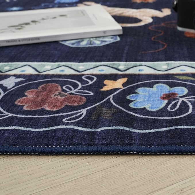 Runner Rug for Kitchen Non Slip 2'6''x8' Washable Rugs with Rubber Backing Soft Floral Animal Cat Carpet Runner for Kitchen Laundry Bedroom Bathroom, Cobalt Blue