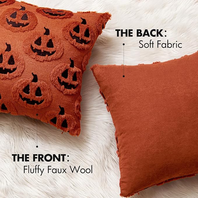 MIULEE Fall Halloween Throw Pillow Covers 20x20 Decorative Pumpkin Pattern Pillowcases Soft Plush Faux Wool Cushions for Home Patio Sofa Couch,Dark Rust