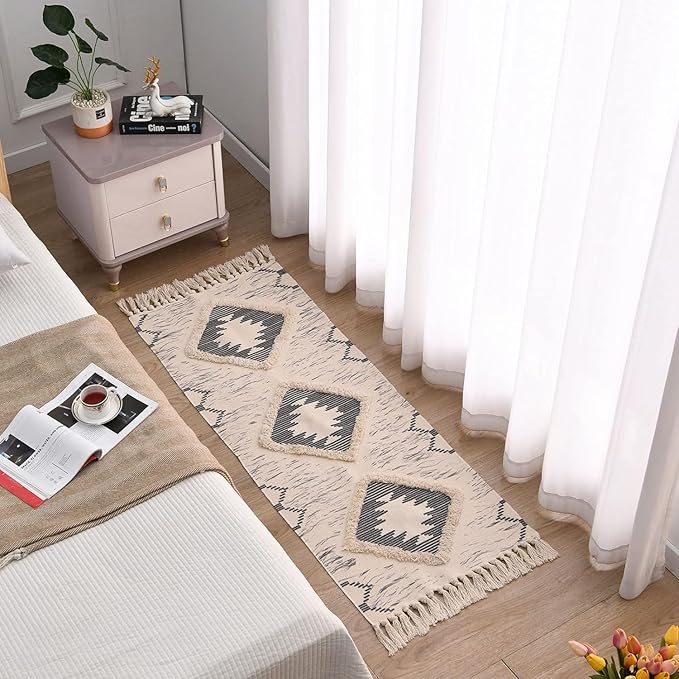 Boho Runner Rug 2'x5', Washable Hallway Rug Runner Non Slip Rubber Backed, Kitchen Farmhouse Area Rug Floor Mat with Tassels, Tufted Woven Cotton Entryway Carpet, Grey