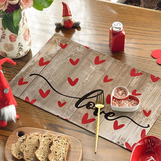 Artoid Mode Wood Love Hearts Valentine Placemats Set of 4, 12x18 Inch Seasonal Anniversary Holiday Table Mats for Party Kitchen Dining Decoration