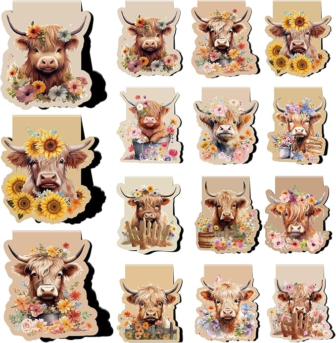 Highland Cow Magnetic Bookmark Gifts - Wxiben 12 Pcs Cow Print Book Marks Magnets Animal Magnetic Bookmarks Sunflower Cattle Bookmark Page Clip Gift for Book Lovers Teens Students Teacher Reading