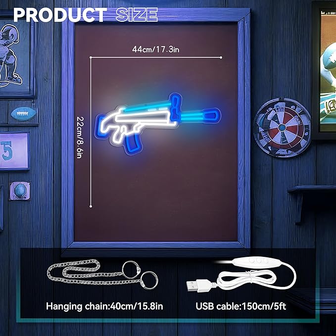 Gun Neon Sign, Game Neon Signs for Wall Decor, Dimmable Acrylic Neon Lights for Gamer Room Man Cave Bedroom Bar Pub Playroom Commercial Streets Party Decorations
