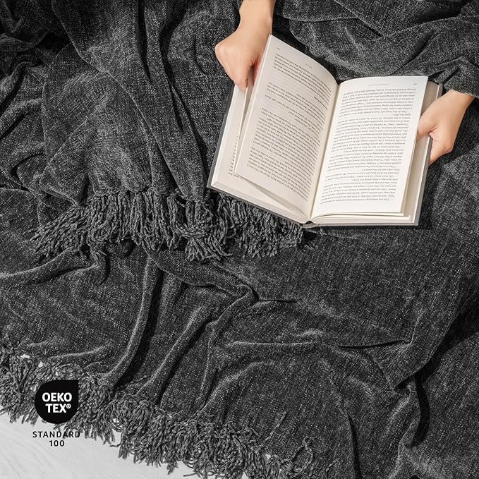 EVERGRACE Soft Chenille Throw Blanket for Couch, Cozy Plush Fuzzy Decorative Chenille Knit Throw Blanket with Tassels, Lightweight Blanket and Throws for Bed Sofa Gift Home Decor, Iron Black 50"x60"
