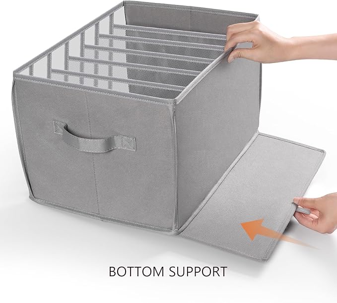 Zilink Upgraded Wardrobe Clothes Organizer with Support Board Clear Jeans Organizer for Closet with 7 Grids Divider Closet Drawer Organizer for Jean Pant Sweater Legging T-Shirt, 6 Pack, Grey