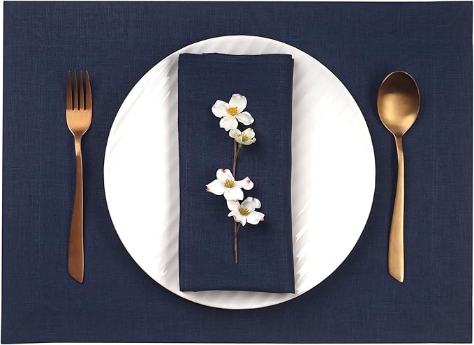 D'Moksha Homes Linen Navy Blue Placemats Set of 4-100% Pure Linen Placemats 14 x 19 Inch for Summer - Handcrafted and Machine Washable