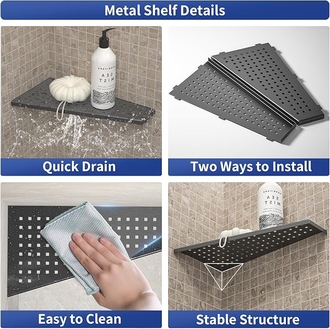 Corner Shower Shelf, 12" Trapezoid Floating Shelf 304 Stainless Steel Grid Design Recessed Bathroom Shelf for Tiled Wall No Drilling (Gunmetal, 12"-2 Pack)