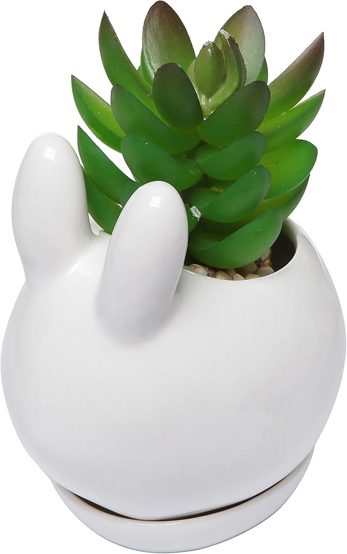 MyGift Mini Ceramic Bunny Planter, Decorative Rabbit Design White Small Flower Pot Succulent Planter with Detached Saucer