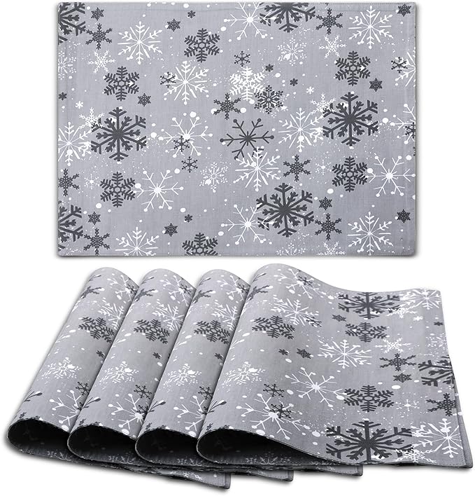 Urban Villa Placemats Grey Snowflake 100% Cotton Fused Tablemats for Dining 14''x20'' Over Sized Set of 6 Placemats for Christmas Celabrations Wedding Parties Every Day Use Heavier Quality Placemats