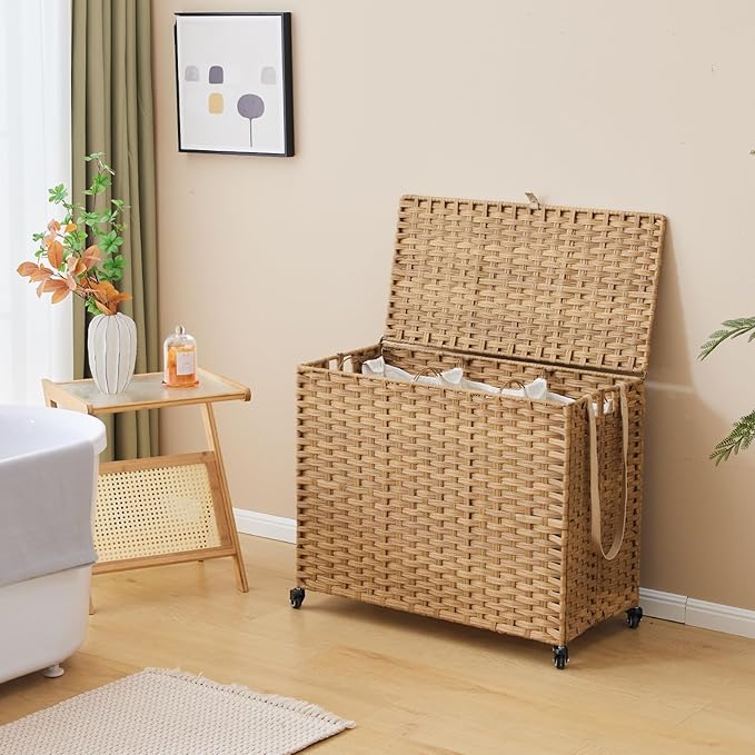 Laundry Hamper with Wheels, 52.8 Gallon(200L) Rolling Laundry Basket with Lid, 3-Section Rattan Clothes Hamper with 3 Removable Liner & 3 Mesh Bags, Laundry Sorter with Side Pocket, Natural