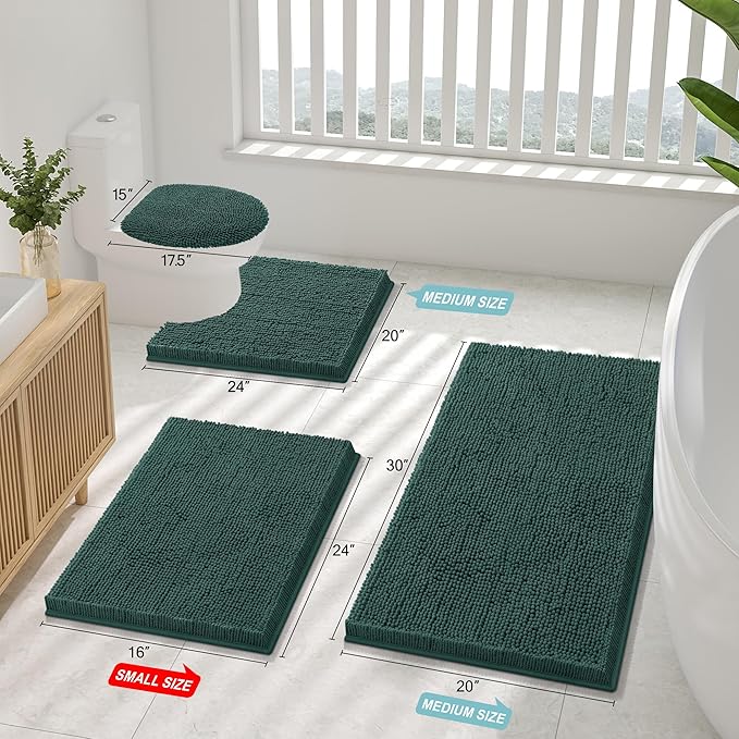 Smiry Luxury Chenille Bathroom Rugs 47x17, Extra Soft and Absorbent Shaggy Bath Mat, Machine Washable, Non-Slip Plush Carpet Runner for Tub, Shower, and Floor, Home Decor Accessories, Green