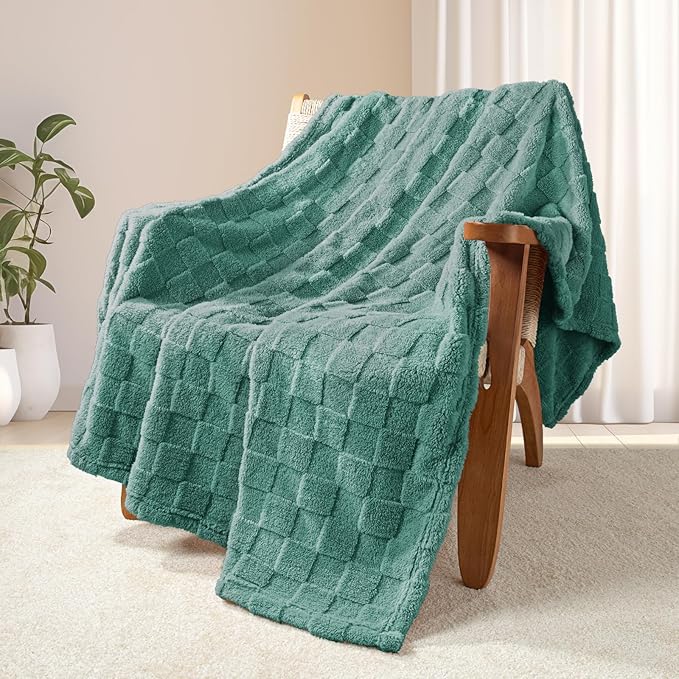Exclusivo Mezcla Fleece Throw Blanket for Couch,Super Soft and Warm Lightweight Checkered Pattern Blankets for All Seasons,50x60 Inches, Celadon