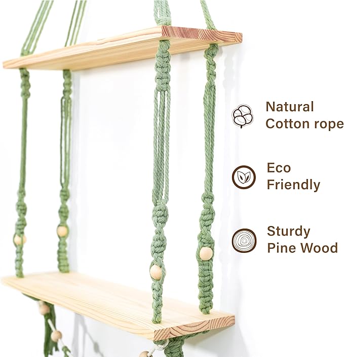 Macrame Wall Hanging 2-Tier Shelf, Boho Floating Wooden Shelves with Green Woven Rope and Leaf Decor,Plant Display for Bedroom, Dorm, Nursery, Living Room, and Bathroom Wall Decor
