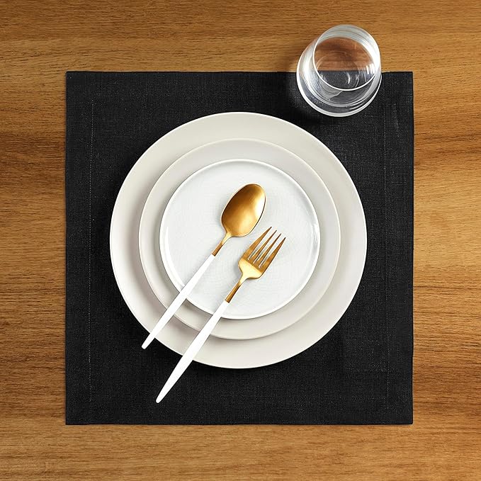 Solino Home Black Placemats Set of 4-100% Pure Linen Placemats 14 x 14 Inch for Summer - Fete, Handcrafted and Machine Washable