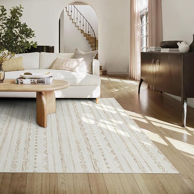 Deerly Area Rug 6x9 Machine Washable Rugs for Living Room, Moroccan Boho Farmhouse Area Rug with Non-Slip Backing, Neutral Low Pile Indoor Floor Carpet for Bedroom Dining Room, Light Brown