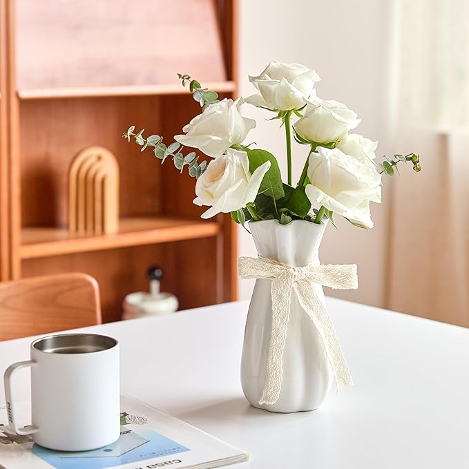 White Ceramic Flower Vase, 8'' Modern Decorative Vases Minimalism Boho Vases for Home Decor, White Vase for Table Centerpieces Living Room Office Wedding Farmhouse Decor