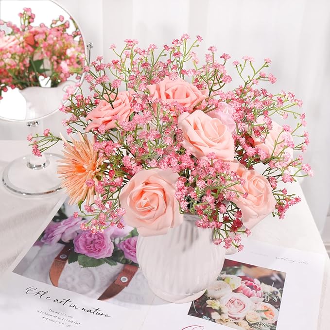 DEEMEI 15 PCS Babys Breath Artificial Flowers Fake Babys Breath Flowers Artificial Bulk Pink Gypsophila Bouquets Real Touch Faux Flowers for Wedding Floral Arrangement Party Home Decoration