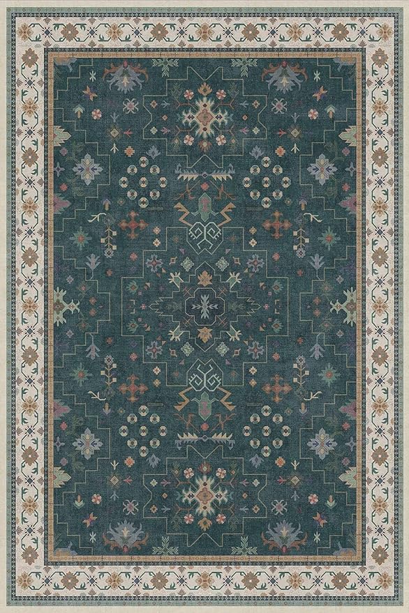 Dark Green 4x6 Living Room Rug - Modern Vintage Boho Floral Forest, Washable Low Pile Non-Slip Area Rugs for Door Mat Entrance, Mudroom, Kitchen, Bedroom Beside Bed, Office