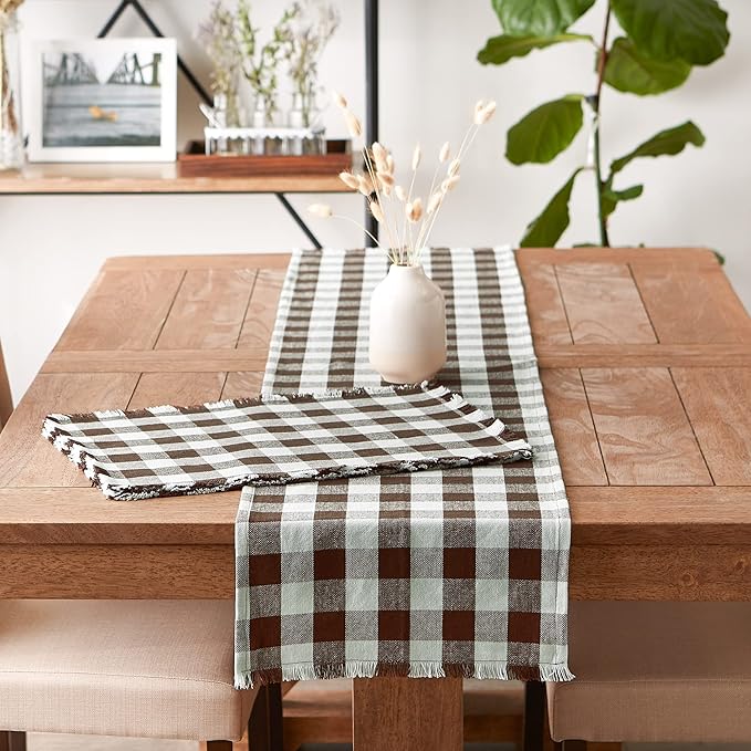 DII Heavyweight Fringed Check Tabletop Collection, Placemat Set, 13x19, Bark Brown, 6 Piece