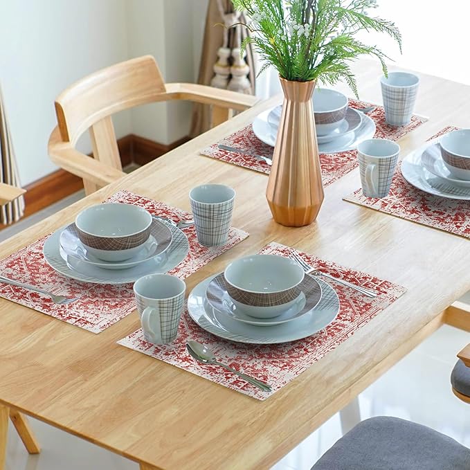 Gray Red Boho Placemats Set of 4 Ethnic Bohemian Carpet Place Mats Washable Kitchen Dining Vintage Grey Geography Floral Linen Table Mats Stain Heat-Resistant Cloth Tabel for Home Party 12x18 in