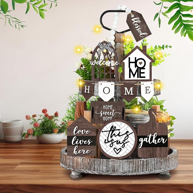Set of 11 Summer Farmhouse Tiered Tray Decor Rustic Home Tiered Tray Decorations Set Wooden Signs Home This is Us Farmhouse Tabletop Wood Signs for Kitchen Table Shelf Decor