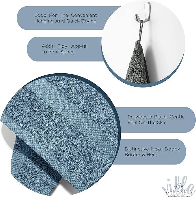 100% Cotton Bath Towel Set of 10-2 Bath Towels, 4 Hand Towels, 4 Wash Cloths, Sustainable, Soft, Highly Absorbent, Combed Cotton 10 Piece Set for Hotels, Spa, Bathroom, Dorm, Blue