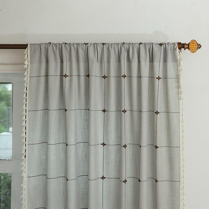 Sutuo Home Boho Curtains for Kitchen Nursery 63 Inch Length, Light Filtering Farmhouse Linen Vintage Chic Tassels Checkered Window Treatment Bohemian Drape for Decor 1 Panel 52" W x 63" L, Cream Grey