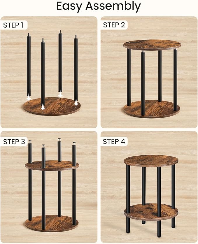 Round Side Table, 2-Tier End Table, Small Round Nightstand with Sturdy Metal Tube, Industrial Circular Coffee Table, for Living Room, Bedroom, Rustic Brown and Black TBZ01BF