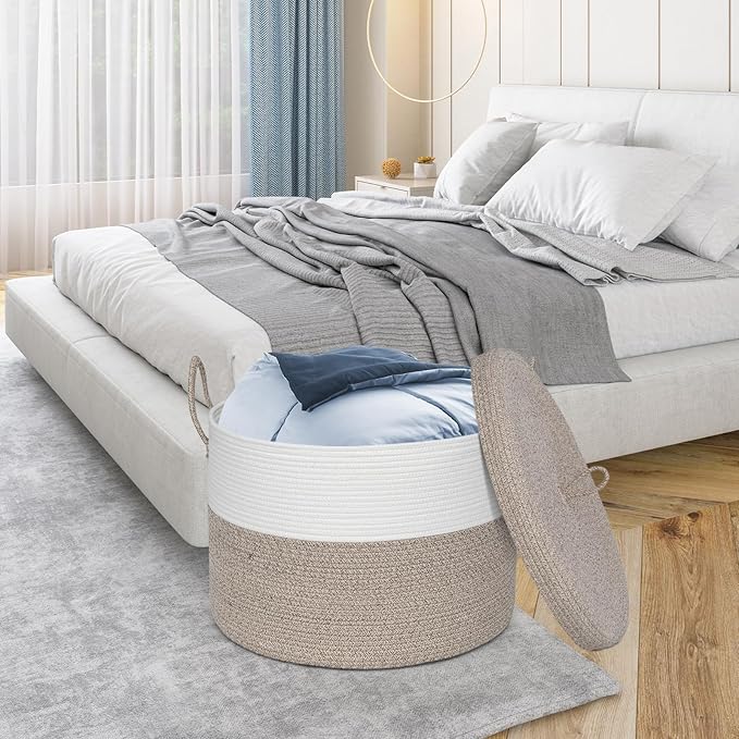 Laundry Basket with Lid, Woven Cotton Rope Laundry Hamper Foldable Storage Organizer Bin Blanket Basket for Comforter, Cushions, Clothes, Pillows, 20.5x20.5x15 Inch, Brown/White