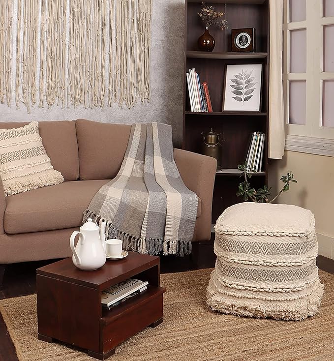REDEARTH · Boho Textured Throw Pillow Cushion Covers - Woven Tufted Decorative Farmhouse Cases Set for Couch - Sofa - Farmhouse - Chair - Dining - Patio - 100% Cotton (18x18 ; Natural) Pack of 2