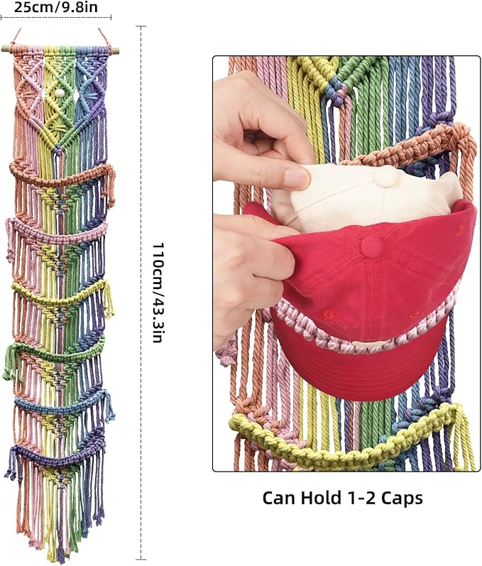 2PCS Macrame Cap Holder Boho Hat Hangers Over Door Decorative Bohemian Handmade Ball Cap Rack Organizer Woven Wall Hanging for Baseball Cap Display Decorations (Rainbow, Up to 24 Caps)