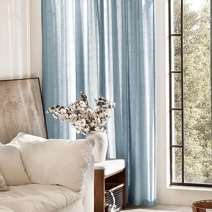 Dusty Blue Linen Curtains for Living Room Back Tab Light Filtering Semi Sheer Light Blue Bedroom Curtain Linen Cotton Textured Grey Blue Drapery Panel Airy Modern Farmhouse Aesthetic Decor 52x102 Long