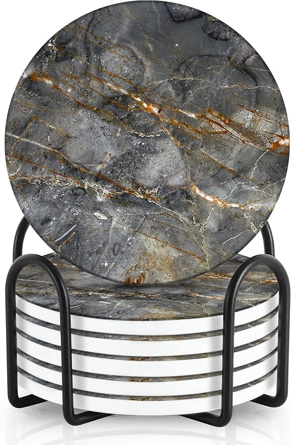 Emerson Coasters for Drinks Absorbent – Natural Stone Drink Coasters Set with Holder, Coasters for Coffee Table, Wooden Tabletop Protection Marble Style – 100% Heavy Duty Set of 6 (Gray)