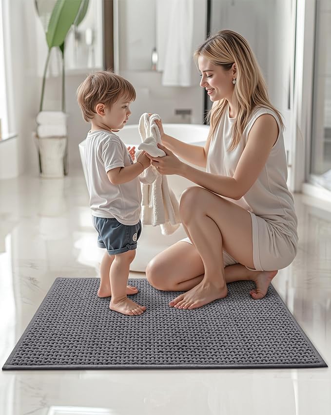 Color&Geometry Chenille Pile Bathroom Rugs Upgraded Denser, 17"x29.5" Non Slip Absorbent Grey Bath Mats for Bathroom Thin Fit Under Door, Washable Quick Dry, Standard Sized