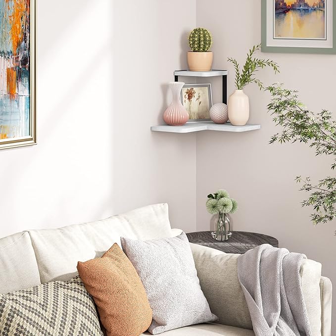 SRIWATANA Corner Shelf, Rustic Wood Wall Shelf Wall Mounted for Bedroom, Living Room, Kitchen, White