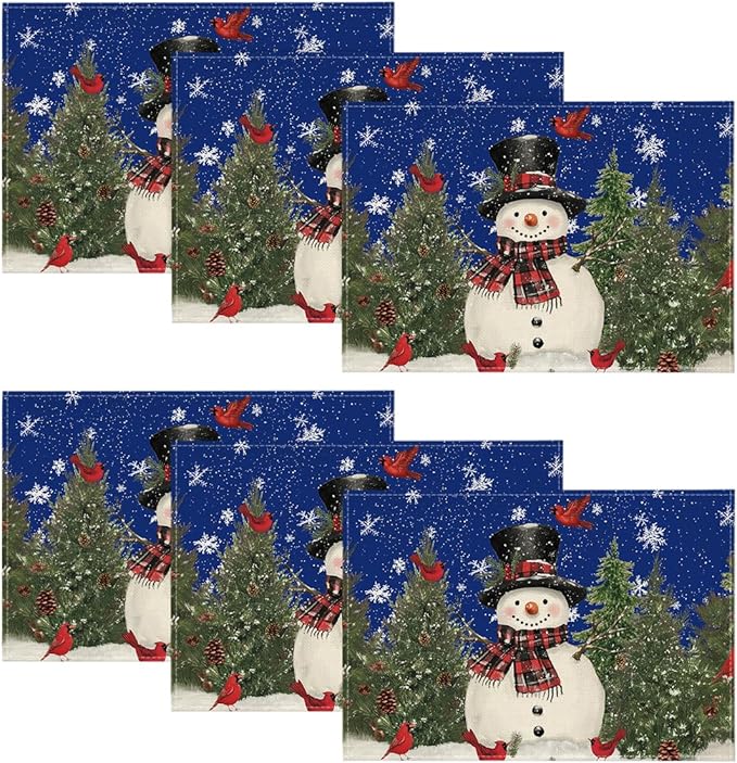 Artoid Mode Blue Snowman Trees Bird Christmas Placemats Set of 6, 12x18 Inch Seasonal Winter Table Mats for Party Kitchen Dining Decoration