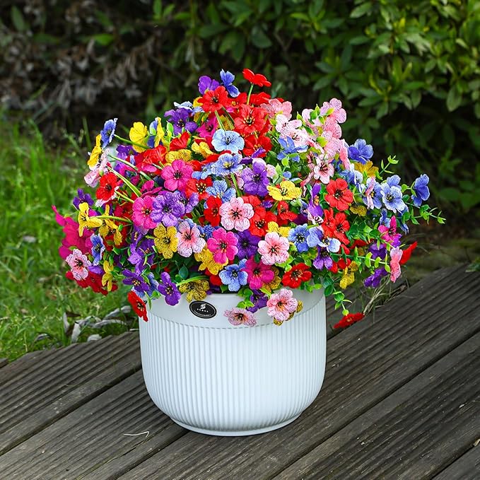 48 Bundles Artificial Flowers for Outdoors Decoration, UV Resistant Silk Violet with Leaf Grass and Eucalyptus Spring Fake Plants for Outside Indoor Yard Home Patio Porch Decor, Mix 6 Colors