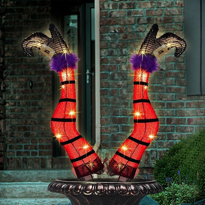 Juegoal Set of 2 Halloween Lighted Wicked Red Witch Legs with Stakes,22" Light Up Tinsel Halloween Yard Signs Prop Timer & 8 Modes, Battery Operated for Outdoor Party Haunted House Garden Decor