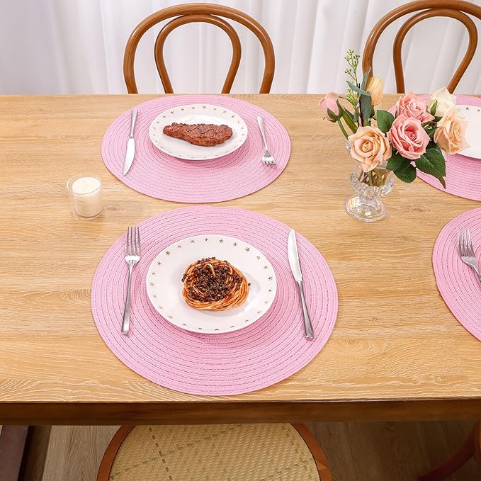 SHACOS Round Braided Placemats Set of 6 Round Table Mats for Dining Tables 15 inch Washable Non Slip Placemats (Pink, 6)