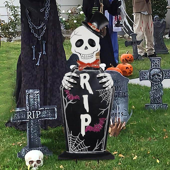 Joliyoou Halloween Yard Stake, 26.4" Solar Lighted Metal Tombstone with Glow in The Dark Ghosts, 18 LED Purple Lights Spooky Yard Sign for Outdoor Front Door Yard Lawn Garden Decorations
